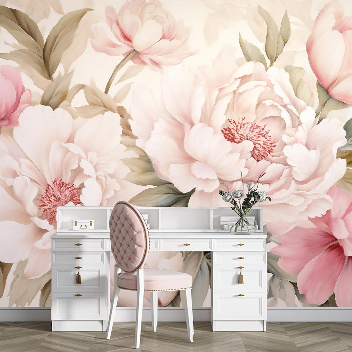 Beauty Makeup Desk - Elegante Mural Floral de Peonías, Papel