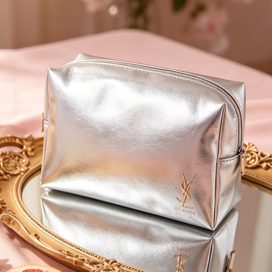 Bolsa de cosméticos plateada,  - Ysl Beauty Makeup reseña y precio