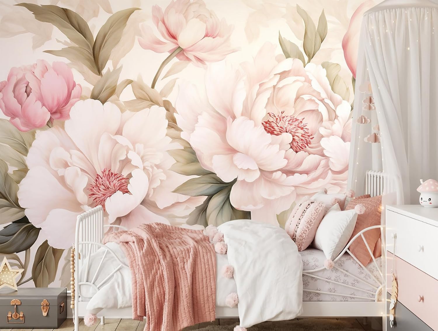 Elegante Mural Floral de Peoní - Beauty Makeup Desk reseña y precio